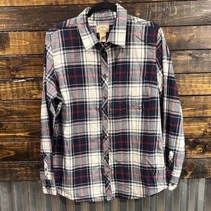 Women's Plaid Button Down Shirt - Navy, Red, and White